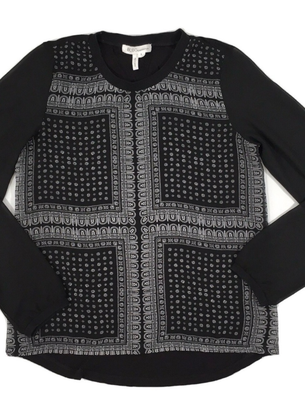 BCBGMaxAzria Black and White Sheer Geometric Bandana Print Top
